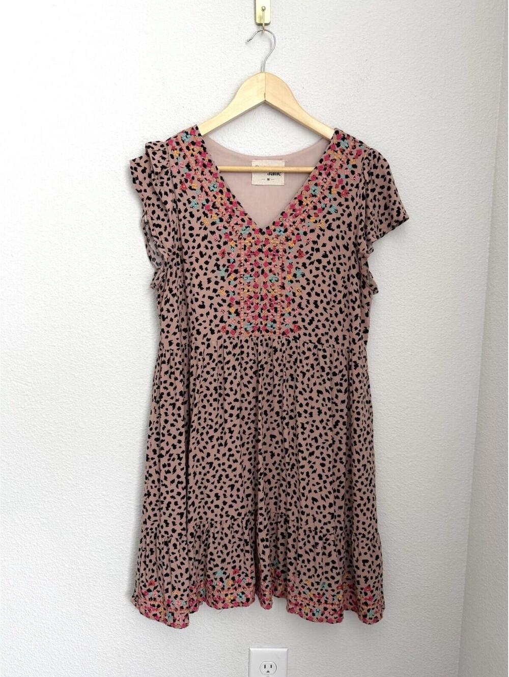 Savanna Jane Med Leopard Print Embroidered Babydoll Dress Embroidered Boho Rayon